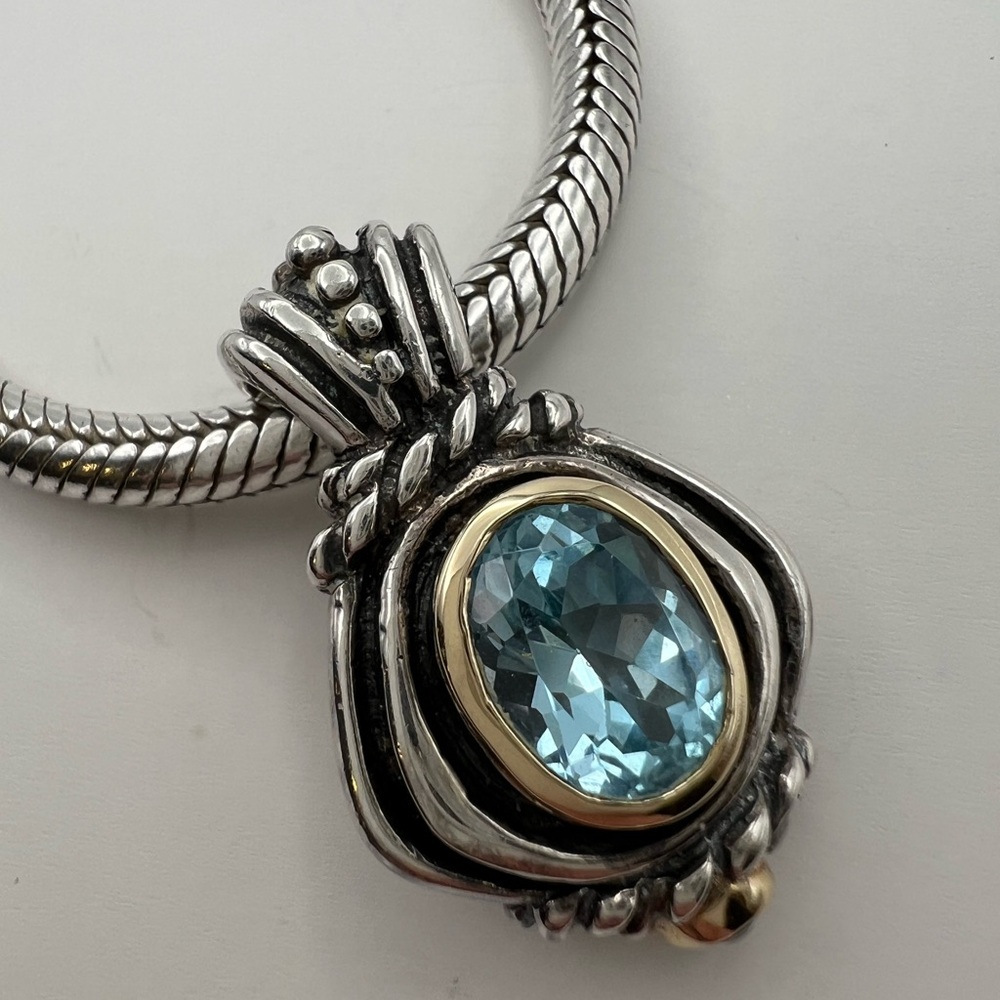 16” Vintage Sterling Silver Chunky Necklace with Blue Gemstone Pendant - Picture 2 of 14